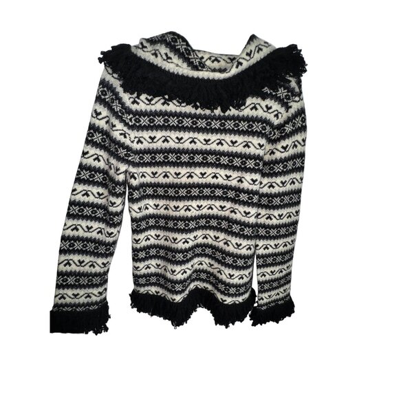 Folia Black & White Lambs Wool Fringe Cardigan Sweater Large Boho Hippie Western - Picture 2 of 7